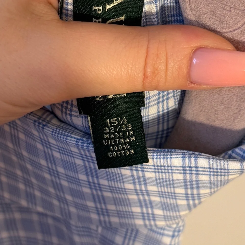 Vintage Lauren Ralph Lauren Men’s Blue and White Checkered Shirt - Picture 4 of 4